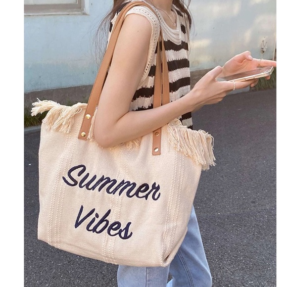 Luxe Vegan Leather Straps Summer Vibes Large Travel Beach Bag - Picture 5 of 10